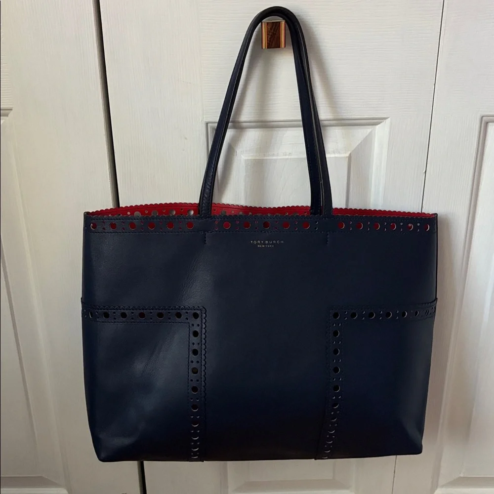 Tory Burch Block T Brogue Leather Tote Blue